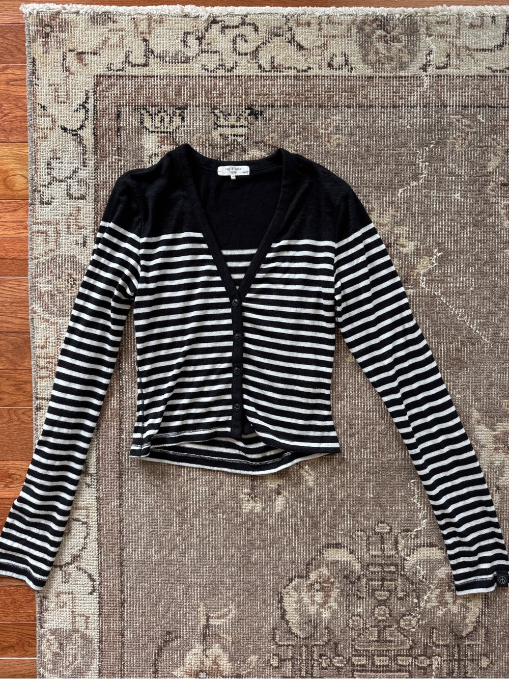 rag & bone Black and White Striped Long Sleeve V-Neck Cardigan